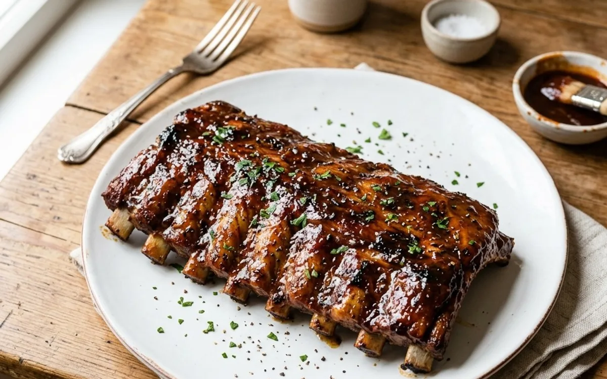 A white plate of glazed baby back ribs, photographed from above.