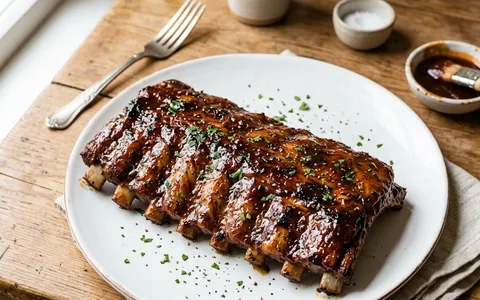 A white plate of glazed baby back ribs, photographed from above.