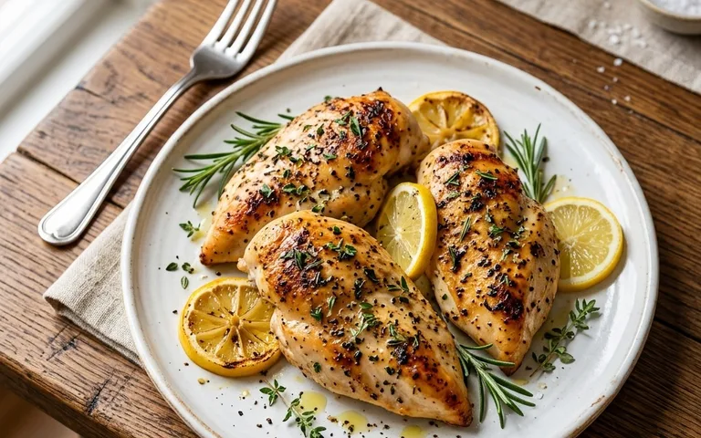 A white plate of baked chicken breasts with herbs, photographed from above.