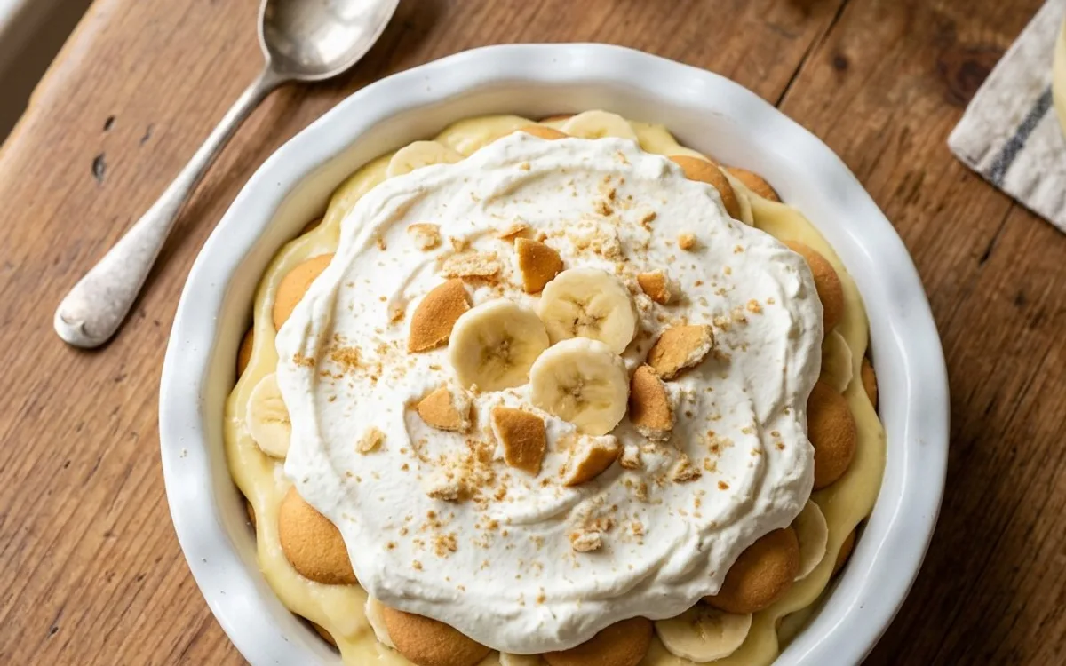 A white dish of banana pudding with vanilla wafers, photographed from above.