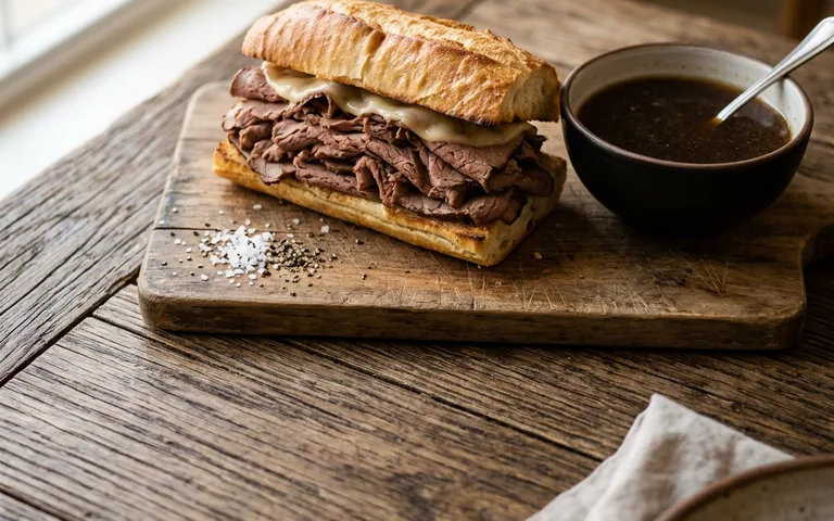 A beef dip sandwich with au jus