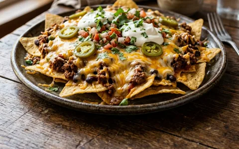 A platter of beef nachos