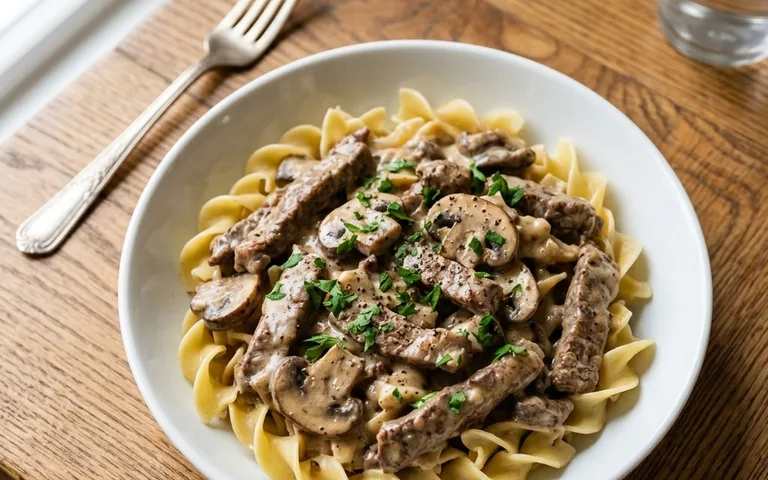 A white bowl of beef stroganoff with egg noodles, photographed from above.