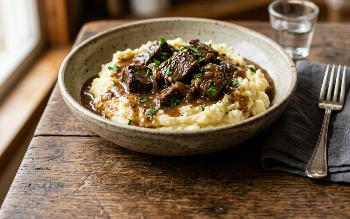 Beef tips in brown gravy