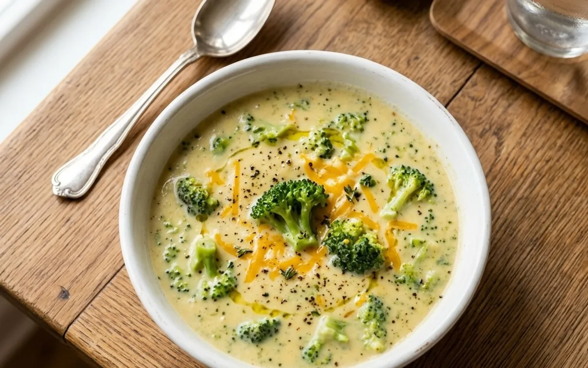 A white bowl of broccoli cheddar soup with cheese, photographed from above.