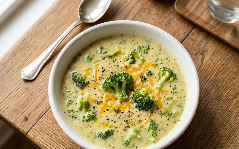 A white bowl of broccoli cheddar soup with cheese, photographed from above.