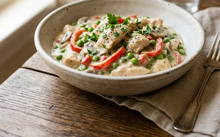Creamy chicken a la king with mushrooms and pimientos