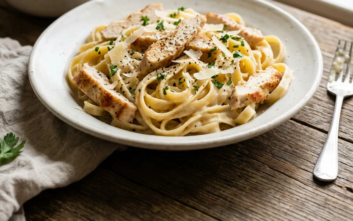 A white bowl of fettuccine chicken alfredo in creamy parmesan sauce, photographed from above.