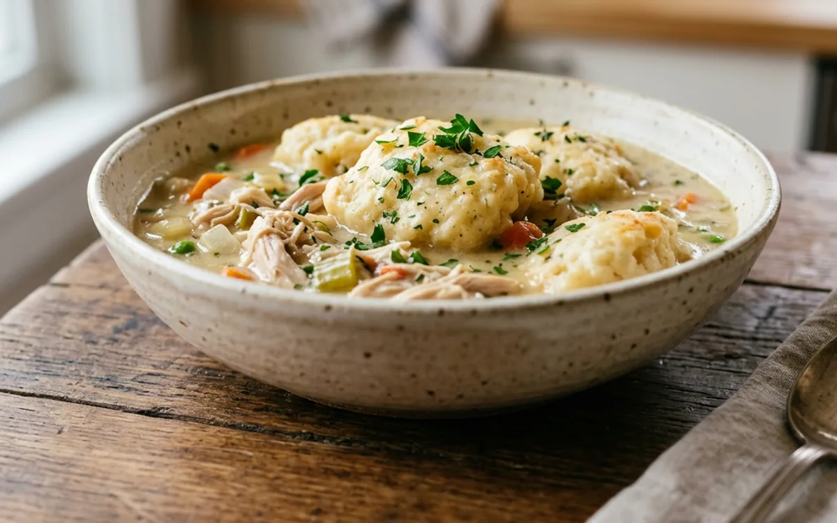 A bowl of chicken and dumplings stew topped with soft dropped dumplings