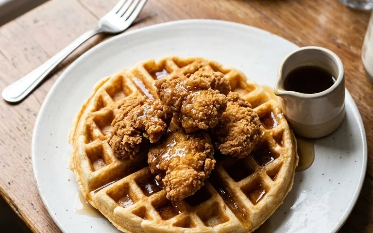 A white plate of crispy fried chicken on a waffle with maple syrup, photographed from above.