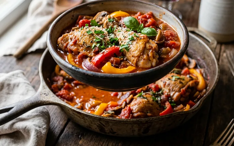 Chicken cacciatore braised with peppers and tomatoes