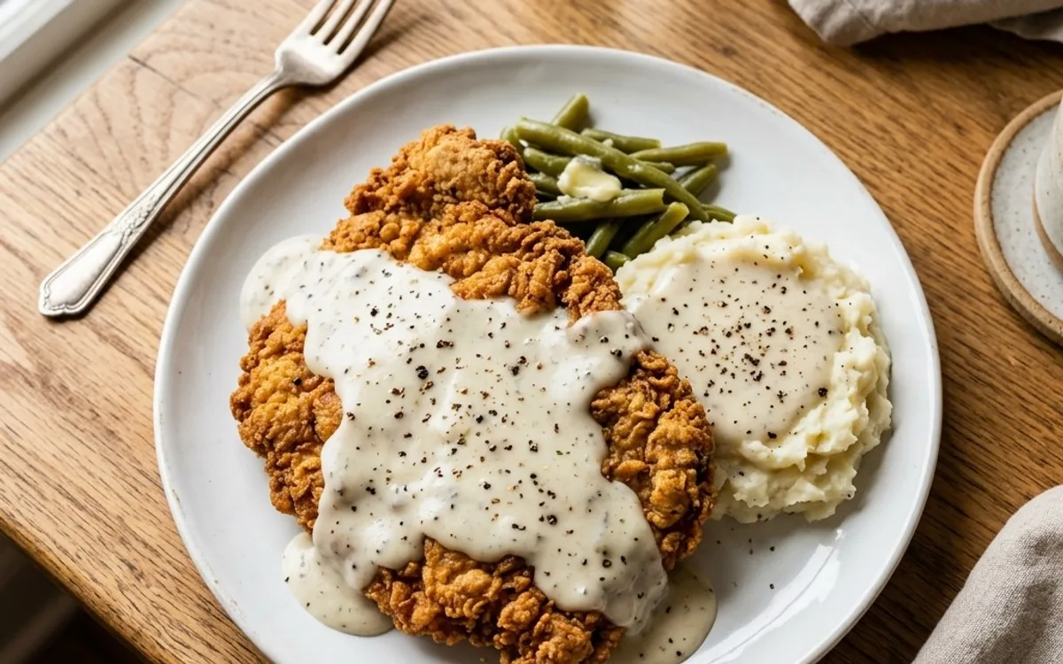 A white plate of chicken fried steak with creamy pepper gravy, photographed from above.