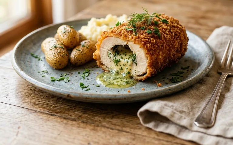 Breaded chicken Kiev with herb butter center