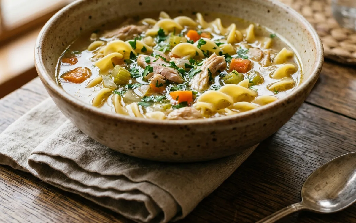 A white bowl of chicken noodle soup with noodles and vegetables, photographed from above.