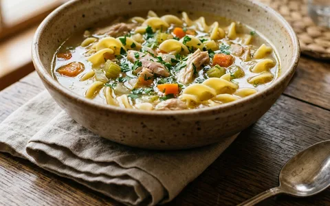 A white bowl of chicken noodle soup with noodles and vegetables, photographed from above.