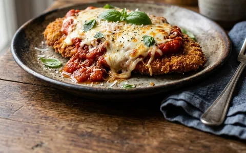 A white plate of chicken parmesan with marinara and melted cheese, photographed from above.