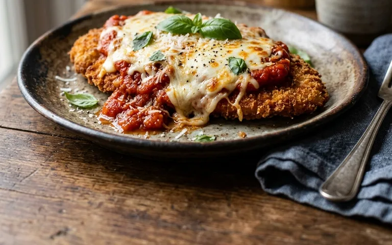 A white plate of chicken parmesan with marinara and melted cheese, photographed from above.