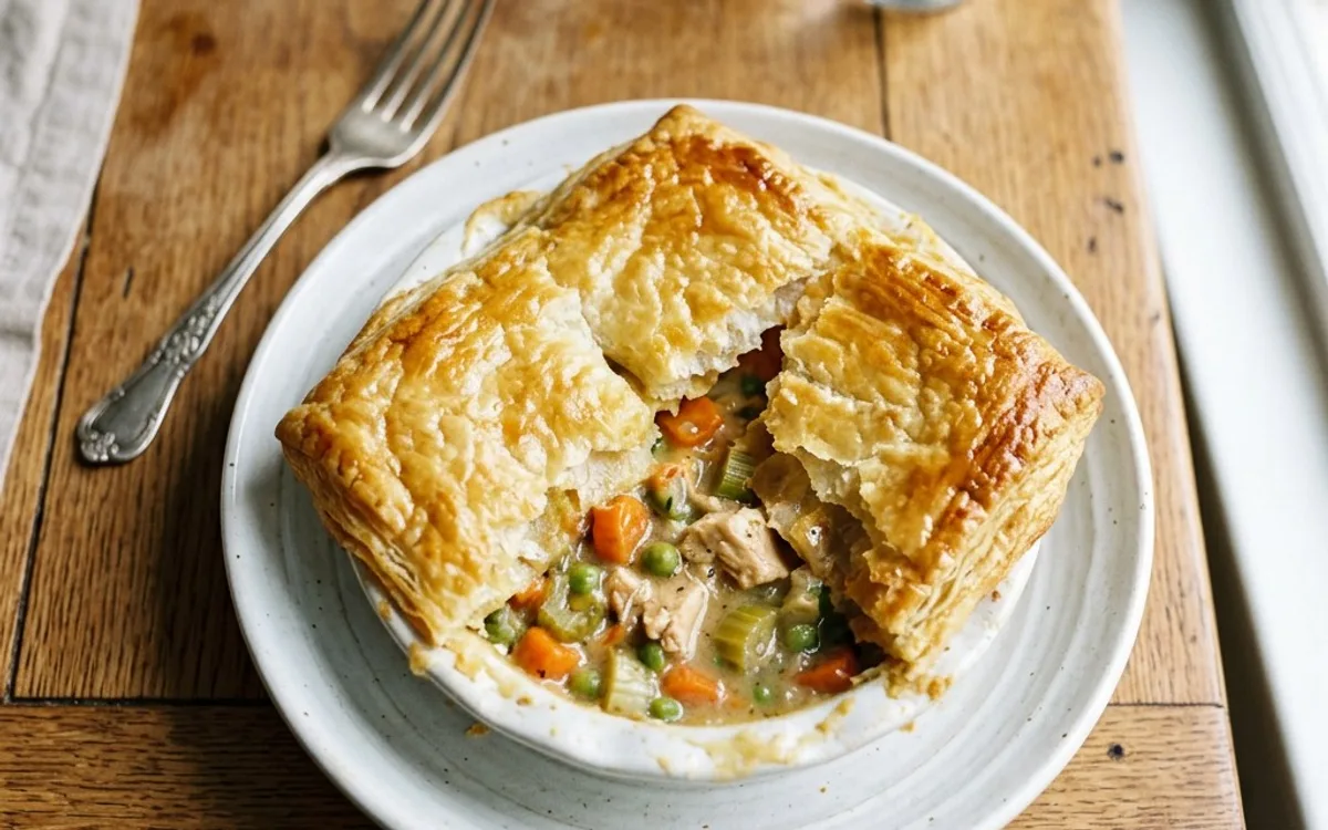 A white bowl of chicken pot pie with golden crust, photographed from above.