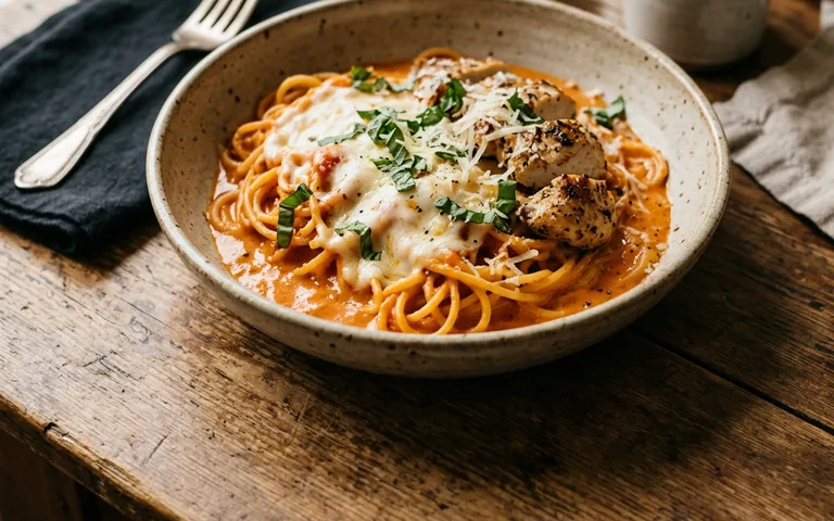 A bowl of chicken spaghetti in creamy cheese sauce
