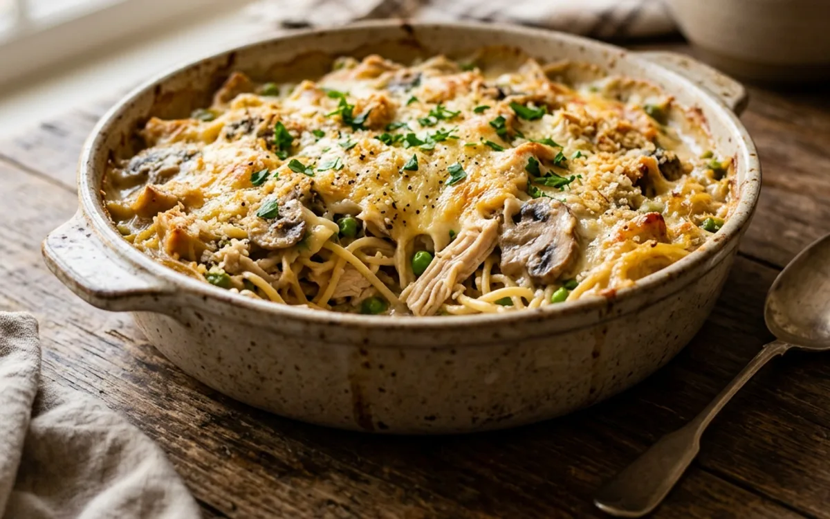 Baked chicken tetrazzini casserole with cheese topping