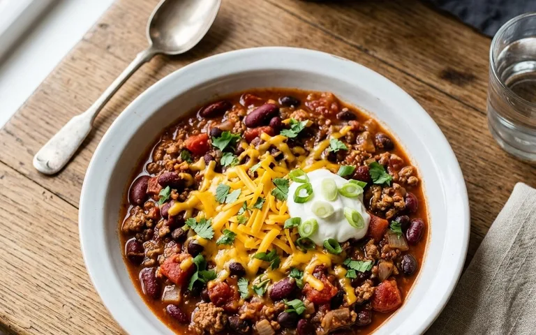 A white bowl of chili con carne with ground beef, beans, and tomatoes, photographed from above.