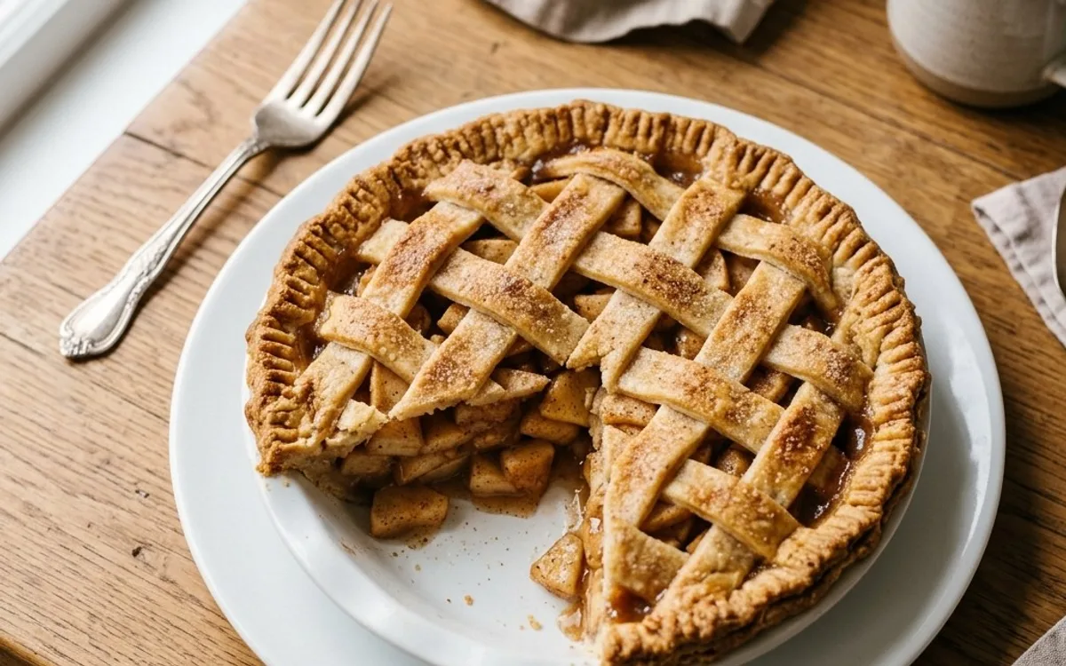 A white plate of a sliced classic apple pie, photographed from above.