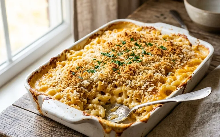 Baked mac and cheese in a baking dish with a golden brown buttered panko topping, served hot