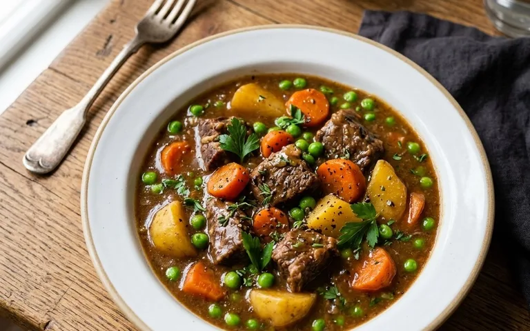 A white bowl of classic beef stew with beef, carrots, potatoes, and peas, photographed from above.