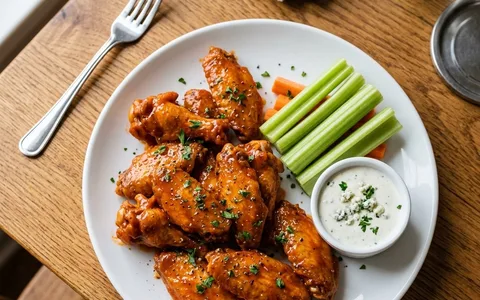 A white plate of classic Buffalo chicken wings with celery, photographed from above.