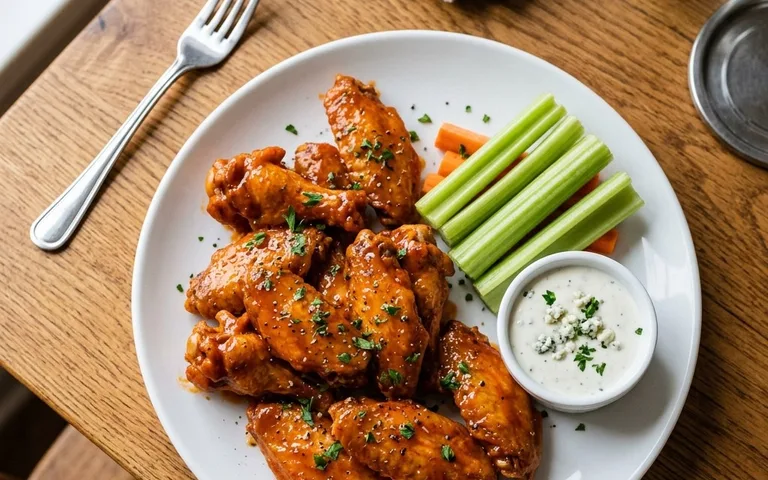 A white plate of classic Buffalo chicken wings with celery, photographed from above.