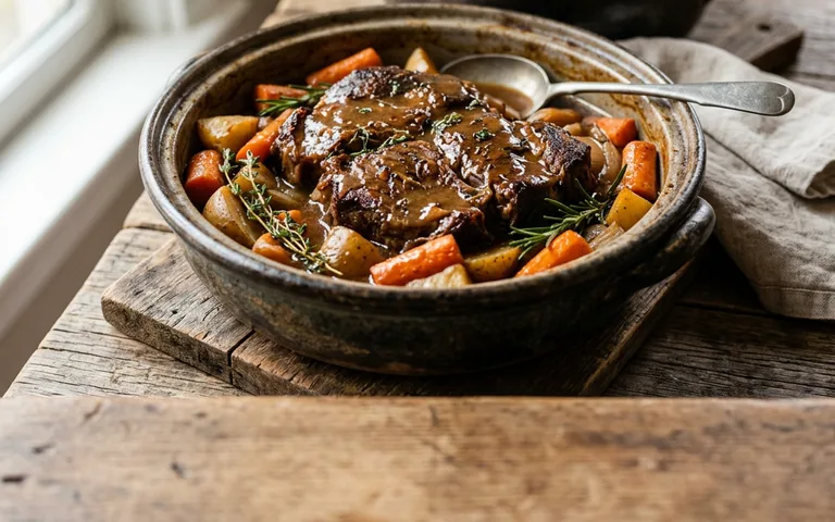 A Dutch oven pot roast with vegetables