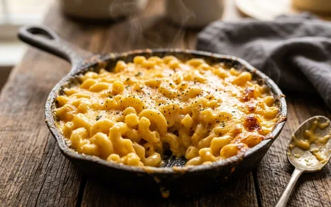 Stovetop mac and cheese in a pot, creamy elbow macaroni coated in cheddar cheese sauce