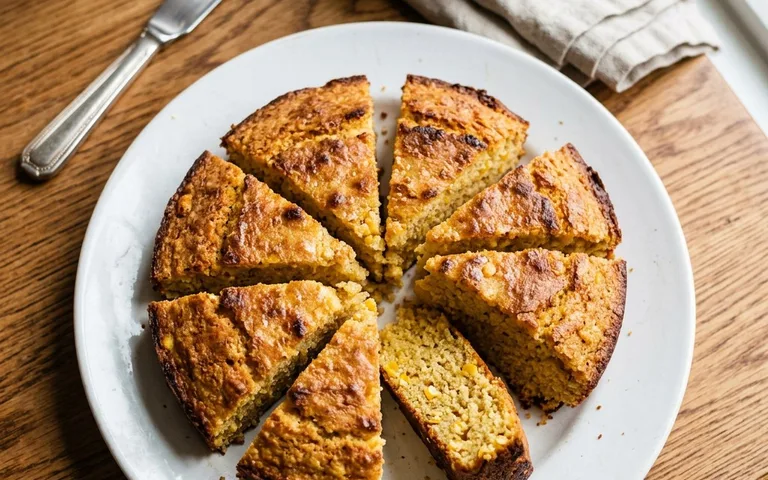 A white plate of golden skillet cornbread slices, photographed from above.