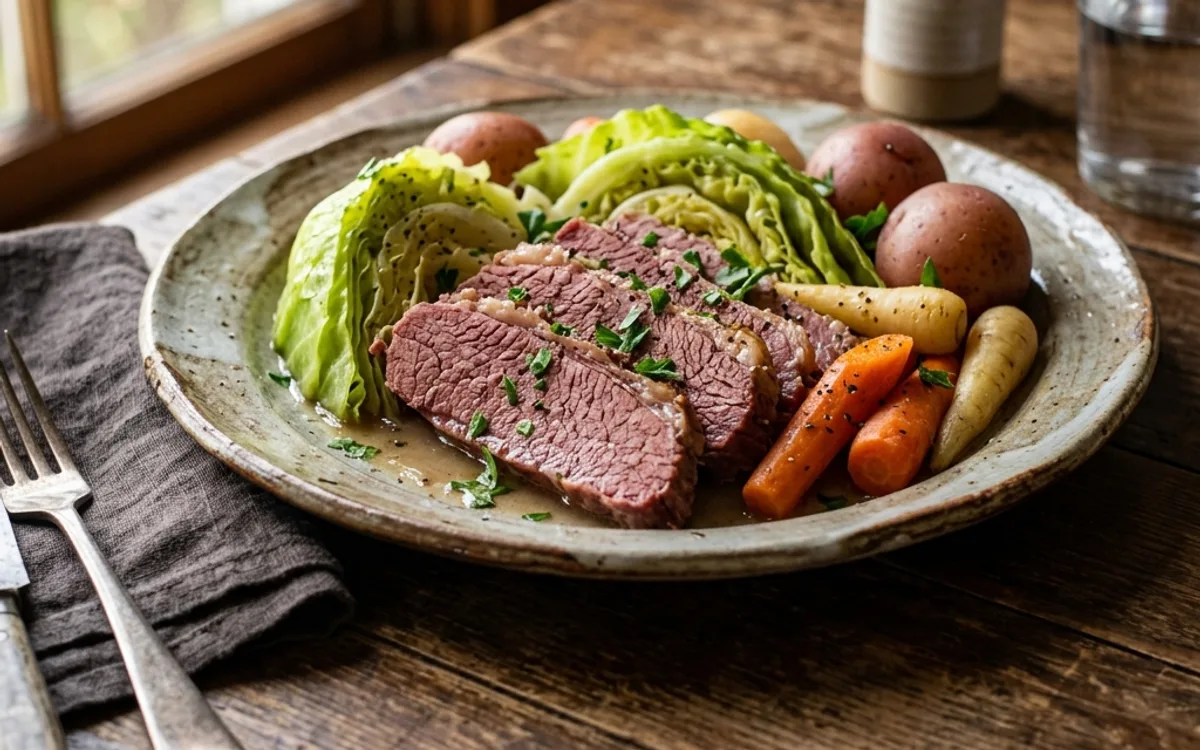 A plate of corned beef and cabbage