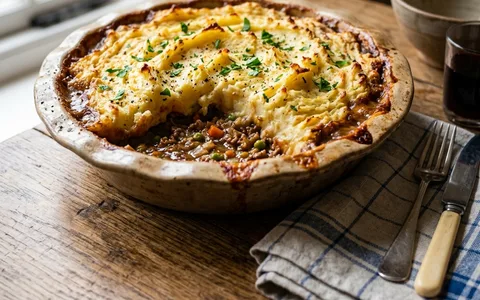 A cottage pie with mashed potato top