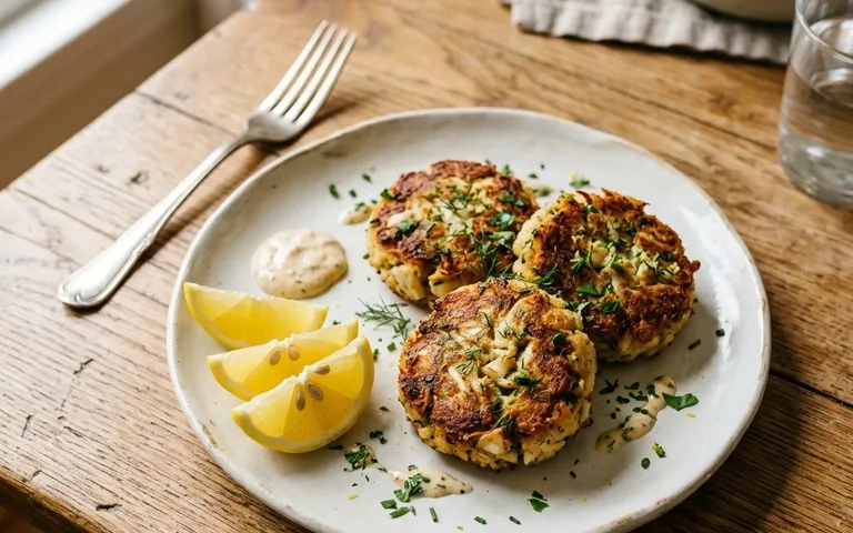 A white plate of golden crab cakes with lemon, photographed from above.