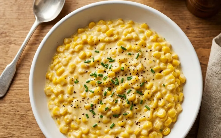 A white bowl of creamed corn, photographed from above.