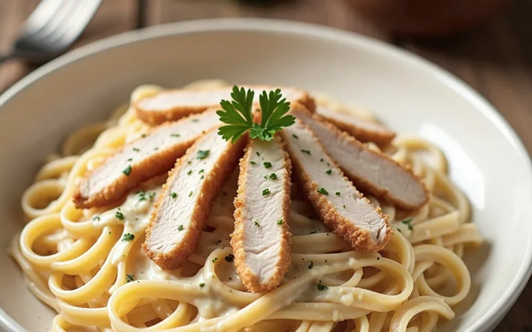 Creamy chicken pasta with penne, sliced chicken breast, and Parmesan in a white bowl