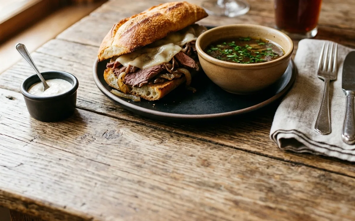 A french dip sandwich with au jus