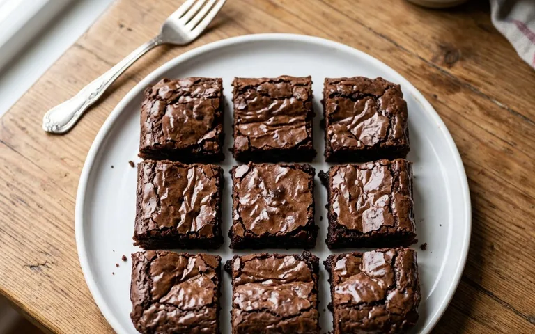 A white plate of fudgy chocolate brownies, photographed from above.