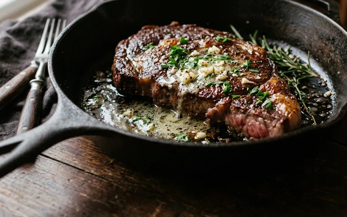 A seared steak with garlic butter