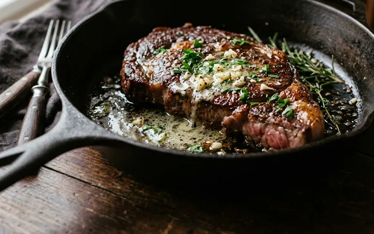 A seared steak with garlic butter