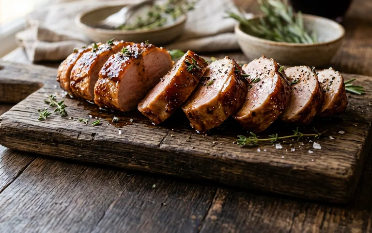 A sliced glazed pork tenderloin