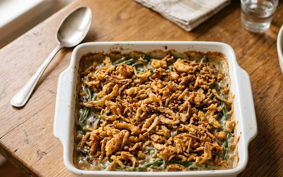 A white baking dish of green bean casserole with crispy onions, photographed from above.
