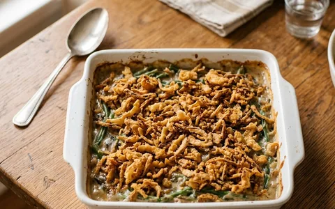 A white baking dish of green bean casserole with crispy onions, photographed from above.