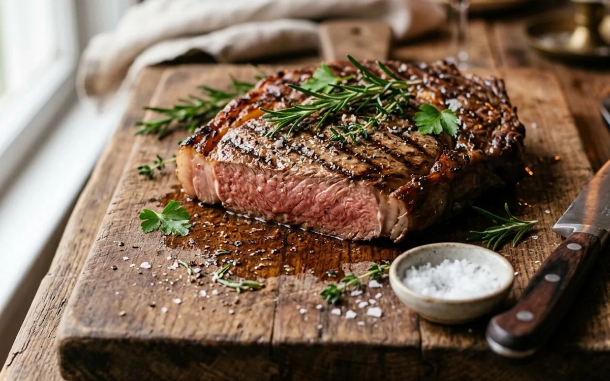 A grilled ribeye steak
