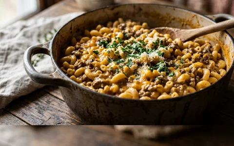 A skillet of hamburger helper pasta