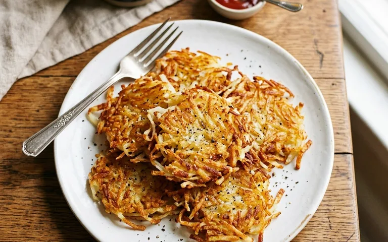 A white plate of crispy golden hash browns, photographed from above.
