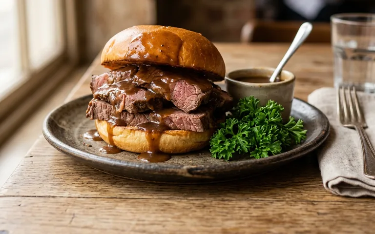 An open-faced hot roast beef sandwich