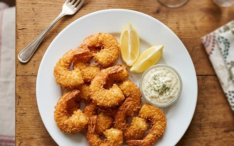 A white plate of golden crispy fried jumbo shrimp, photographed from above.